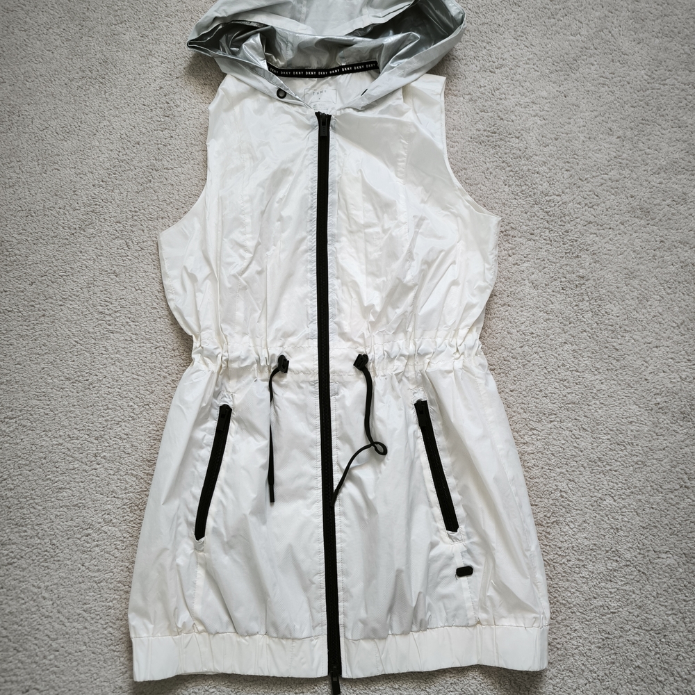 White Sleeveless Hooded Vest with Black Accents